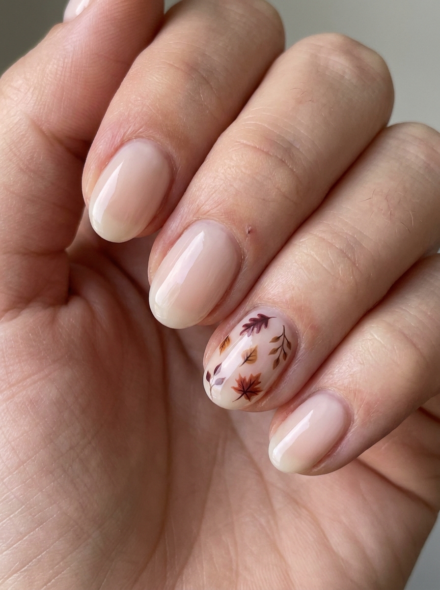 Milky Nails mit Herbstblättern als Oktober Nägel Ideen Inspiration 2026